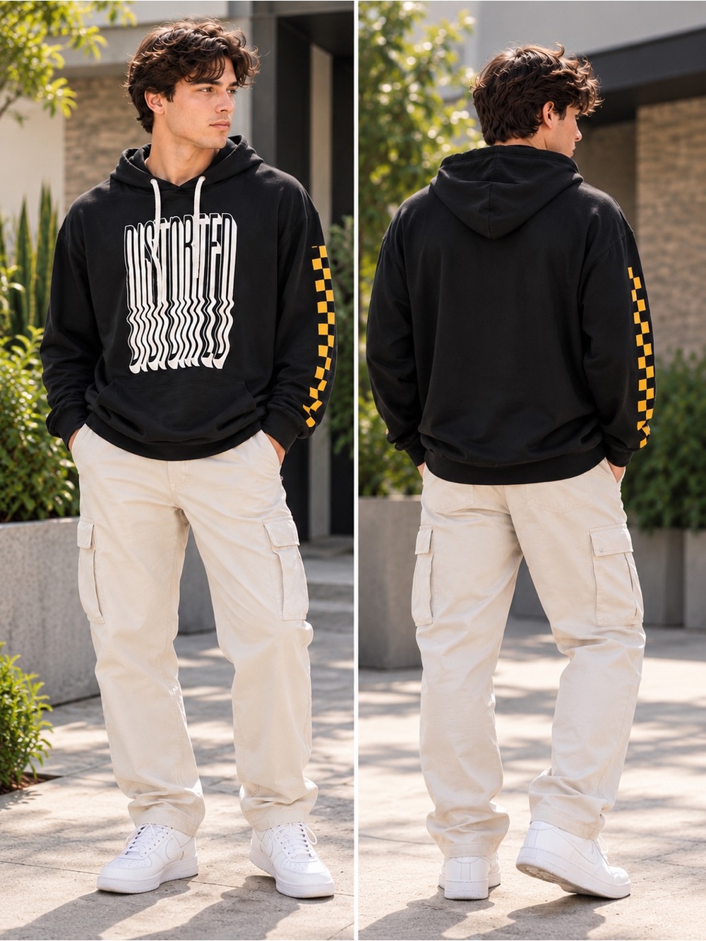 🌙✨🆕 Arizona Jean Company Black Distorted Graphic Hoodie with Checker Sleeve